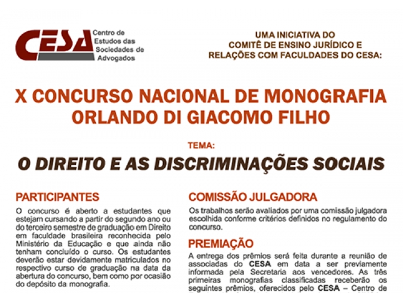 Tema do concurso de Monografia do CESA é “Direito e as discriminações sociais”