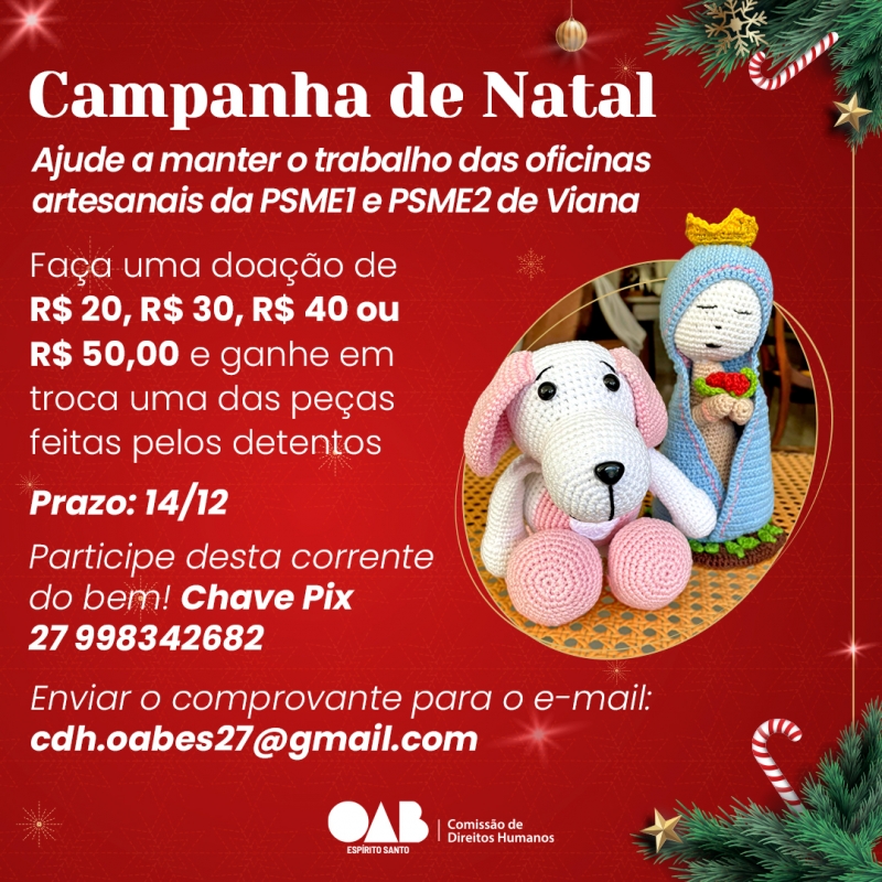 Comissão de Direitos Humanos da OAB-ES lança Campanha de Natal para ajudar oficinas artesanais do PSME 1 e 2 de Viana