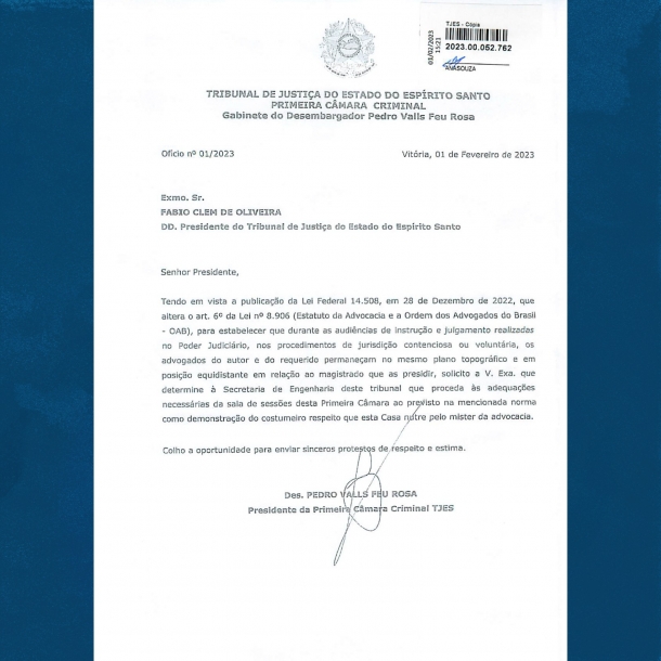 Presidente da Primeira Câmara Criminal do TJES solicita o início das adequações das salas de sessões em cumprimento &agrave; Lei nº 14.508/2022