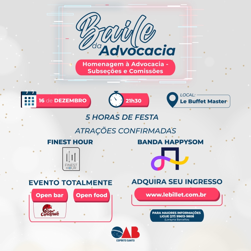 OAB-ES realizará em 16/12 o tradicional Baile da Advocacia. Garanta o seu ingresso!