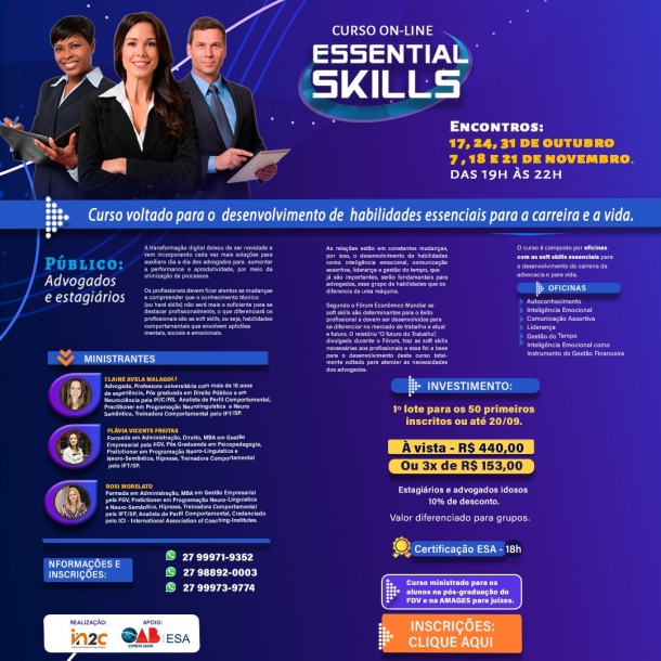 Estão abertas as inscrições para o curso Essential Skills voltado para a advocacia