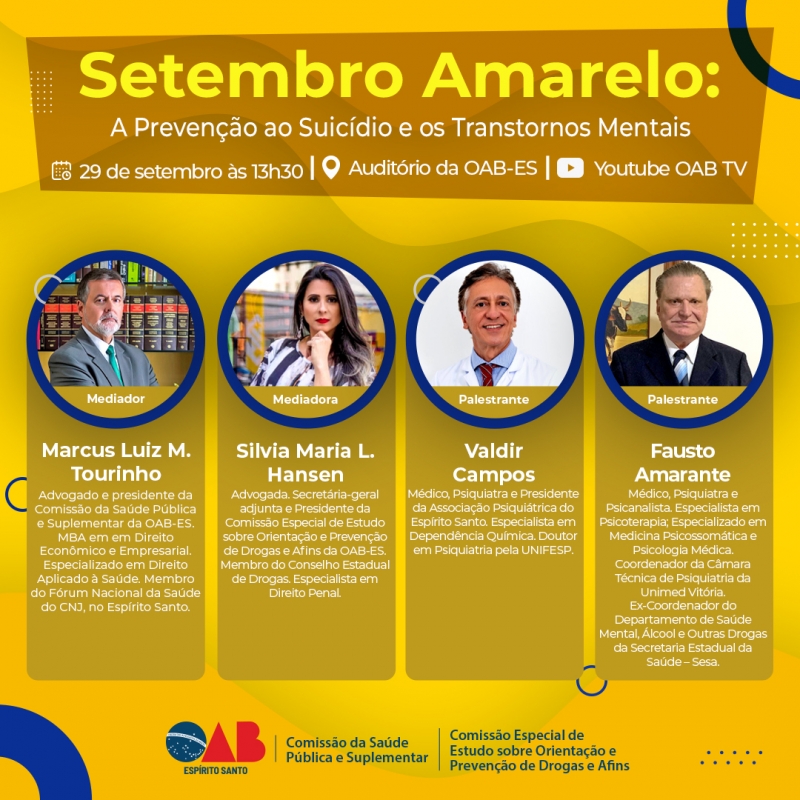 Setembro Amarelo: A Prevenção ao Suicídio e os Transtornos Mentais será tema de encontro na OAB-ES