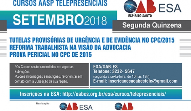 ESA/OAB-ES abre inscrições para cursos telepresenciais de setembro