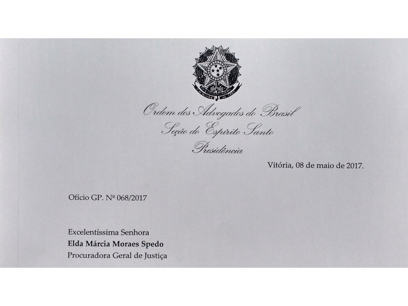 Ofício protocolado pela OAB-ES no MPES. Foto: Divulgação.