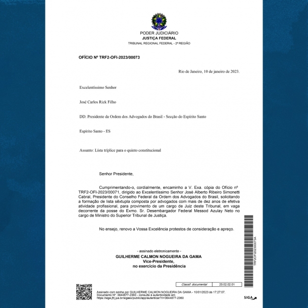 Presidente da OAB-ES participará mais uma vez da escolha do Quinto da Advocacia do TRF2