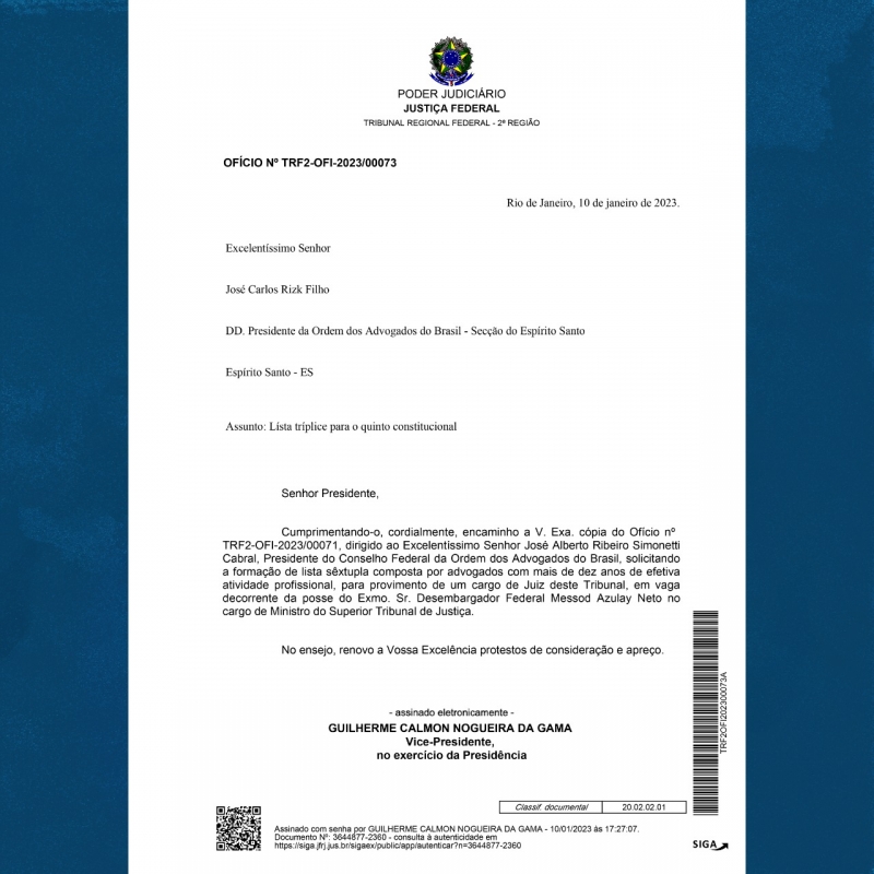 Presidente da OAB-ES participará mais uma vez da escolha do Quinto da Advocacia do TRF2
