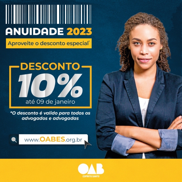 Aproveite o desconto de 10% pagando a anuidade da OAB-ES até 9 de janeiro