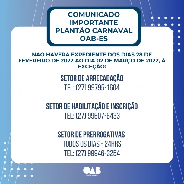 OAB-ES funcionará em serviço de plantão no Carnaval