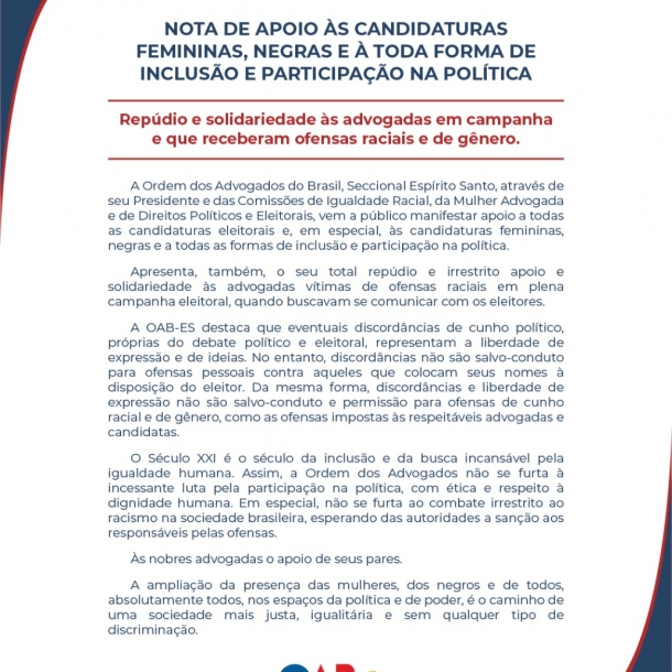 Nota de apoio &agrave;s candidaturas femininas, negras e &agrave; toda forma de inclusão e participação na política