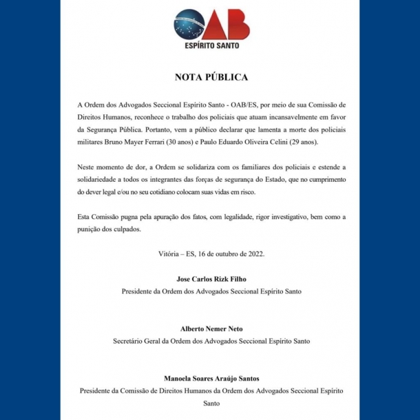 OAB-ES publica Nota Pública lamentando a morte de policiais no cumprimento de seus trabalhos