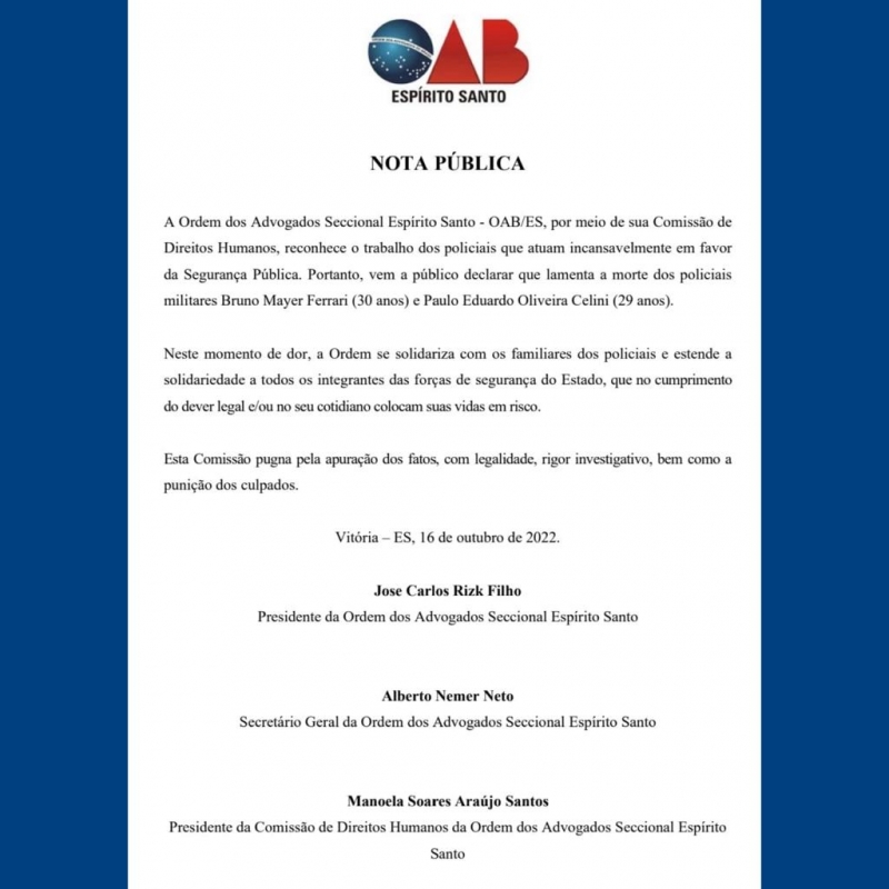 OAB-ES publica Nota Pública lamentando a morte de policiais no cumprimento de seus trabalhos