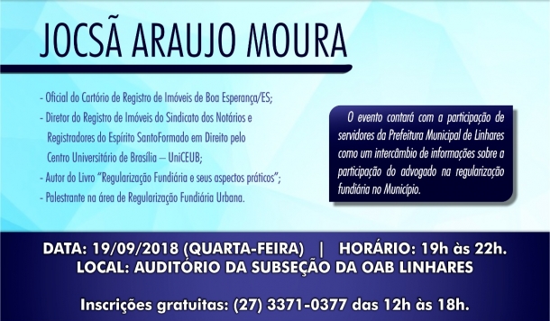 Inscrições abertas para palestra em Linhares sobre regularização fundiária urbana