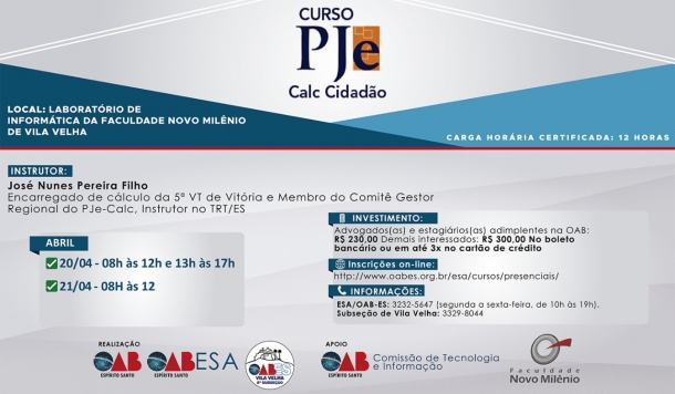 Inscrições abertas para curso PJe Calc em Vila Velha