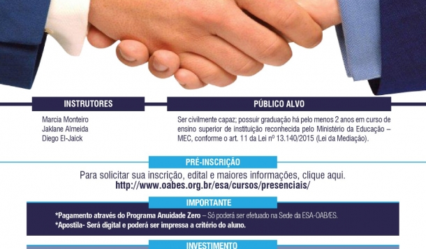 Inscrições abertas para o curso de Mediação Judicial 2020