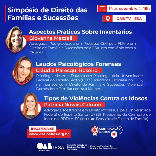 ESA-ES realiza Simpósio de Direito das Famílias e Sucessões no dia 14 de setembro. Inscrições abertas!