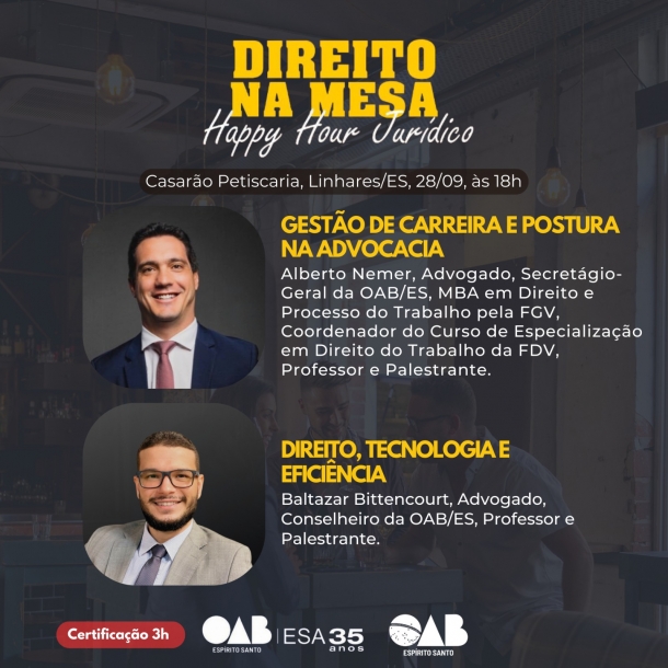 Projeto “Happy Hour Jurídico" acontece nesta quinta-feira (28/09) em Linhares 