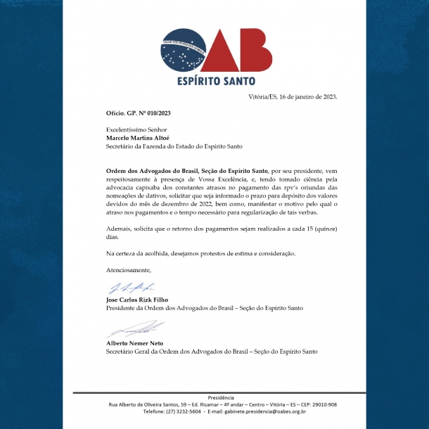 OAB-ES solicita pagamento de dativos de dezembro de 2022