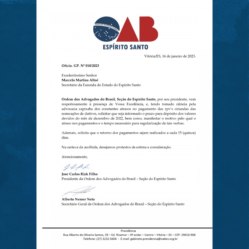 OAB-ES solicita pagamento de dativos de dezembro de 2022