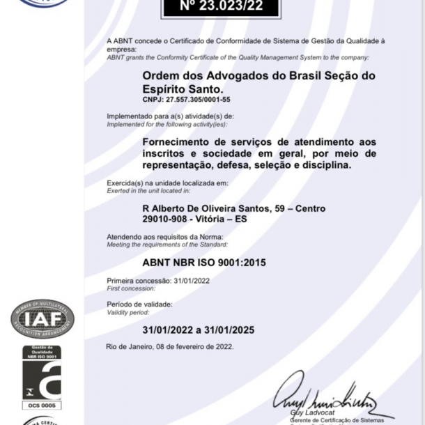 OAB-ES é uma das três Seccionais do Brasil que possui certificação ISO 9001