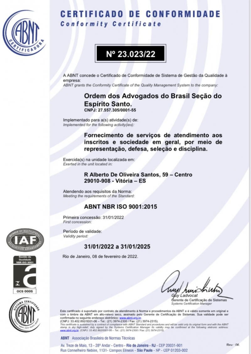 OAB-ES é uma das três Seccionais do Brasil que possui certificação ISO 9001