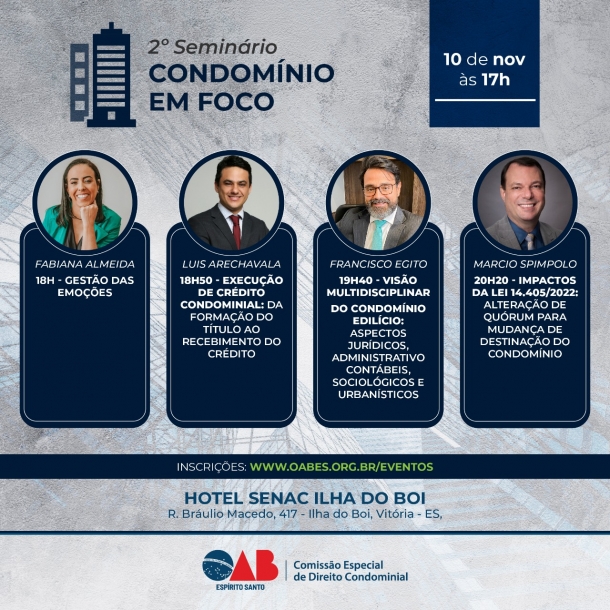 Segunda edição do Seminário Condomínio em Foco da OAB-ES será realizado em novembro