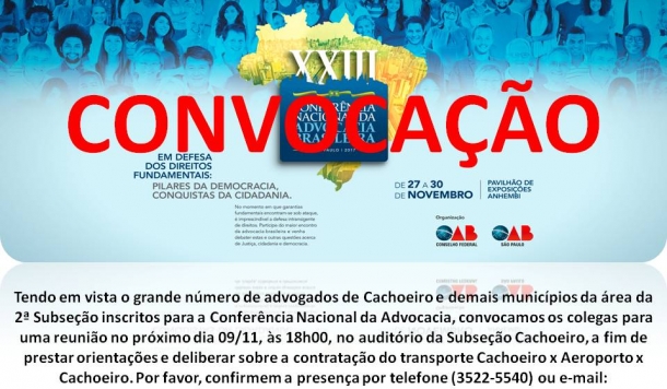 Subseção de Cachoeiro convoca advocacia inscrita na Conferência Nacional para reunião