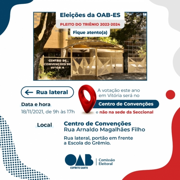 Eleição da OAB-ES acontece nesta quinta-feira (18/11). Em Vitória, votação desta vez será no Centro de Convenções